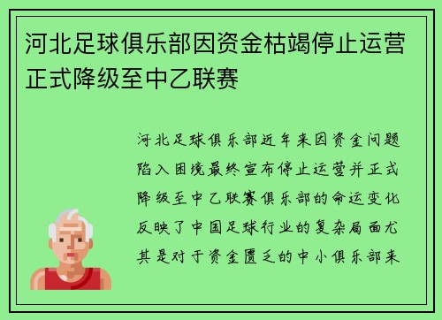 河北足球俱乐部因资金枯竭停止运营正式降级至中乙联赛